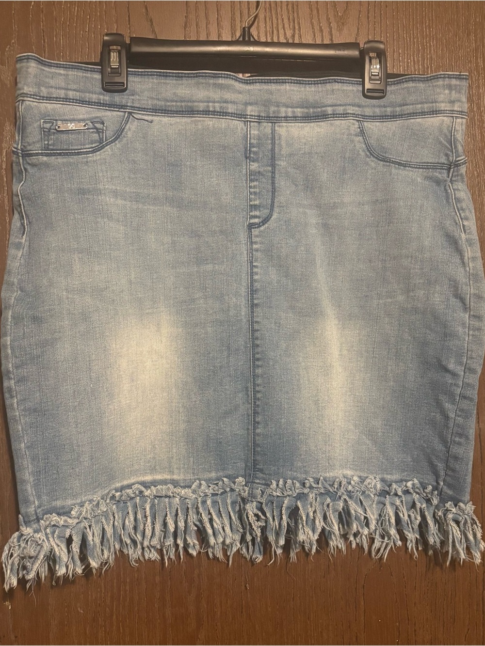 Coco + Carmen Light Blue Denim Mini Skirt with Fringe Hem